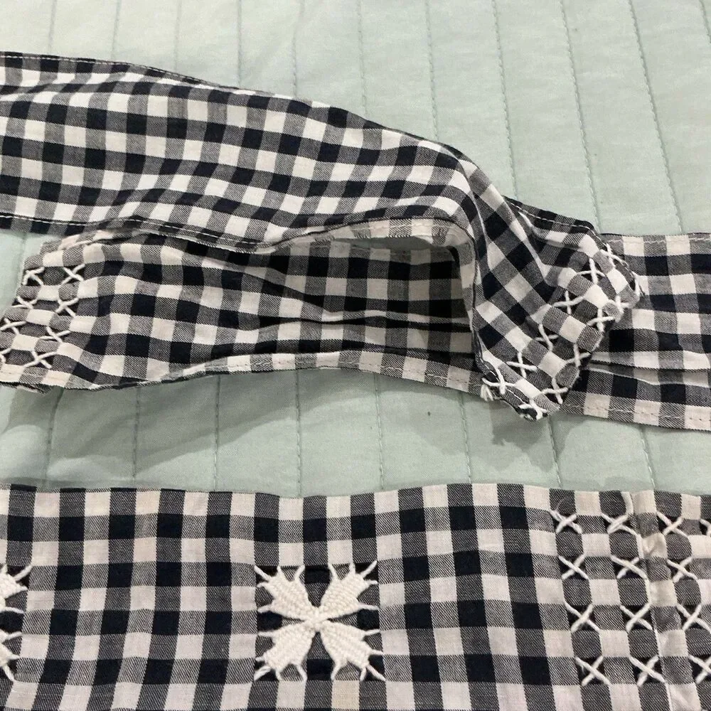 Vintage Handmade Black White Gingham Half Apron Embroidered Pocket 70” Tie